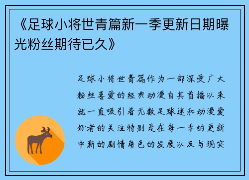 《足球小将世青篇新一季更新日期曝光粉丝期待已久》